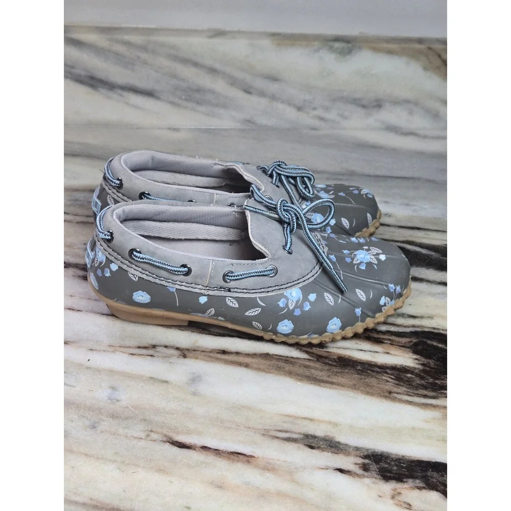 JBU by Jambu Gwen Garden Ready Grey Blue Floral Duck Shoes Rain Loafers Womens 6